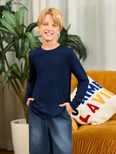 Haloumoning Boys Long Sleeve Shirts Kids Casual Crewneck Fall Tops Curve Hem Basic Tees 5-14Y4