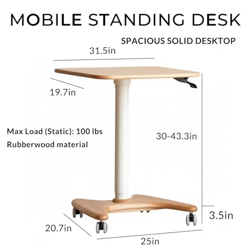 Image of 31.5in Mobile Standing Desk, 30-43.3in Rolling Desk Adjustable Height, One-Piece Solid Desktop, Wheels, Ideal for Home Offices, Apartments, Bed & Sofa, Natural Color