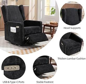 Power Recliner Chair for Adults, Electric Nursery Rocking Glider Chair with USB and Type-C Ports, Chenille Wide Swivel Rocker for Living Room, Bedroom (Black)