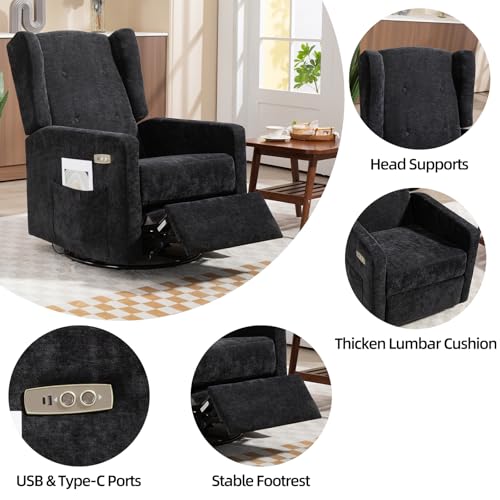 Power Recliner Chair for Adults, Electric Nursery Rocking Glider Chair with USB and Type-C Ports, Chenille Wide Swivel Rocker for Living Room, Bedroom (Black)