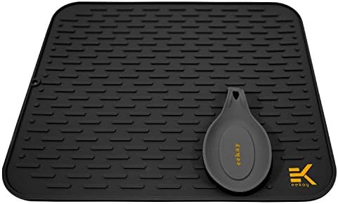 EekayWares XL Black Silicone Drying Mat with Bonus silicone spoon rest & storage band for easy storage- Easy Clean, Heat Resistant, size-17.8 X 15.8