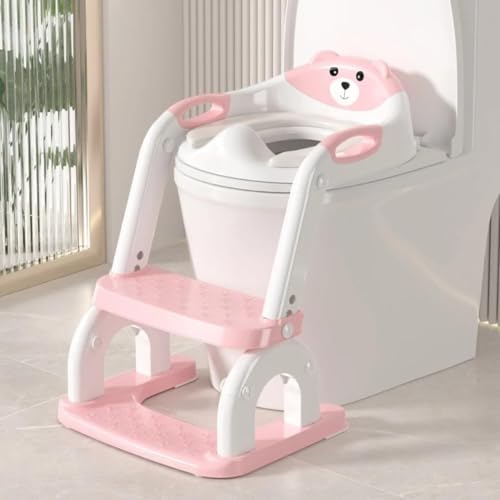 Kwueiit 階段を訓練する、子供補助便座、グレードアップした円形アーチ型はしご、8段高さ調整、折りたたみ式設計、快適で安全な幼児、トイレペダル (ピンク)