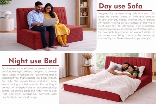 Image of Rosebell 5x6-Three Seater Upholstered Armless Sofa Cum Bed with Backrest | Soft Velvet Fabric Finish | Modern Living Room & Bedroom -Red Color