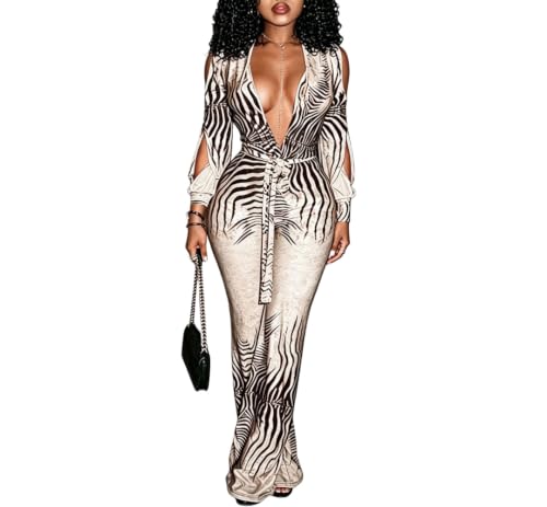 Women's Zebra Print V Neck Jumpsuit Long Sleeve Flare Pants