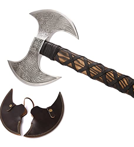 VIKING HOUSE I Camping Axe Tomahawk Viking Bearded Axe Christmas gifts-27 Long Odin's Double Edge Head Viking Axe Twin Blade Axe with Ash Wood Handle with Genuine Leather Sheath(OD-008)