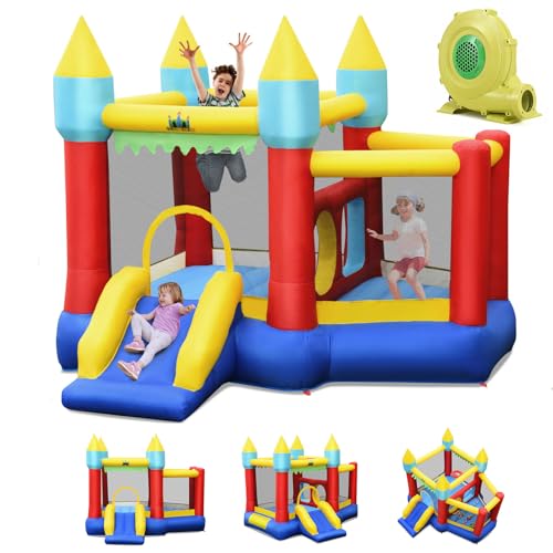 GOPLUS Château Gonflable avec Souffleur, Toboggan et Panier De Basket, Aire de Jeux Gonflable avec Basket,100 Balles, Extérieur Et Intérieur,pour 3 Enfants3-10 Ans Charge 135KG, 301x313x245cm