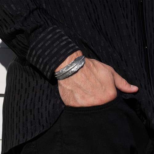 Elegatto Premium Feather Silver Cuff Bracelet for Men | Marine-Grade Stainless Steel with Hand Etched Detailing | Men’s Designer Jewelry | Small to Medium4