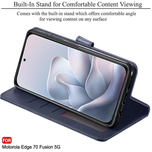 Image of TheGiftKart Flip Cover Back Case for Motorola Moto Edge 70 Fusion 5G | Genuine Leather Finish | Designer Button | Inbuilt Pockets & Stand | Wallet Style Flip Back Cover Case (Faux Leather, Blue)