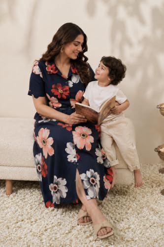 Image of ZELENA Rayon Lapel Neck Zipless Maternity Feeding Dress | Soft 100% rayon dress featuring a lapel neck, button-down zipless nursing , and half sleeves