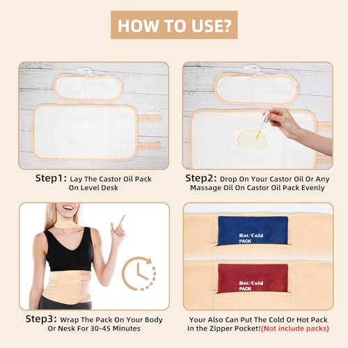 Paquete de 2 paquetes de aceite de ricino, algodón orgánico para cintura y cuello, reutilizables para aliviar el estrés, desintoxicación del hígado, ayuda para dormir, compresa ajustable, lavable - imagen 6