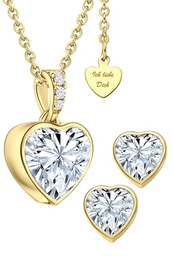 Schmuck Set Damen Gold Silber 925 vergoldet Herz Schmuckset 3tlg Weihnachten Kette Ohrringe Set Goldkette Halskette Ich Liebe Dich Goldschmuck Geschenke Frau Ehefrau Freundin...