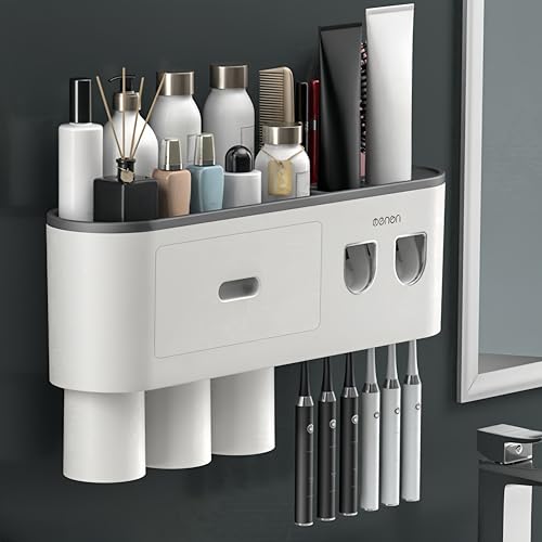 Celsitudo No-Drill Wall Mounted Toothbrush Holder, Bathroom Shelf, with Automatic Toothpaste Dispensers 6 Brush Hooks Magnetic Cups 1 Cosmetic Drawer Organizer and Large Storage (2 Dispensers 3 Cups) -  Shi Mo