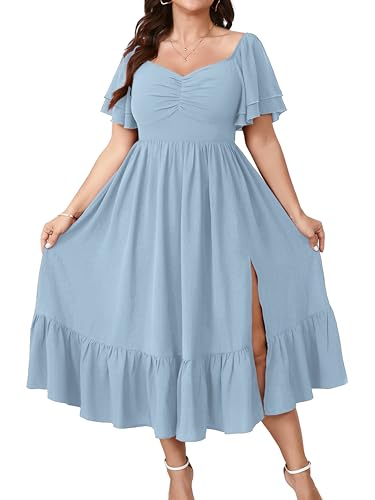 Image of SCOMCHIC Womens Plus Size Wedding Guest Cocktail Dresses Sweetheart Neckline Short Sleeve Smocked Ruffle Slit Maxi Dress