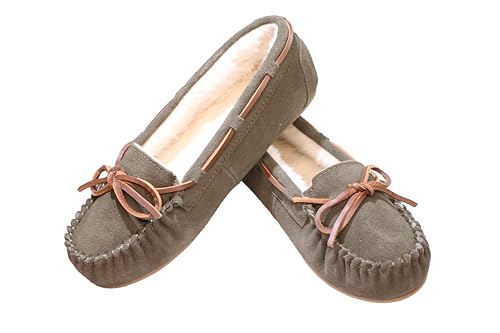 Women's Moccasin Slippers Cow Suede Warm Faux Fur Pile Lined Lace-Up Cozy Bow Indoor & Outdoor Moccasins Slip On Loafers Shoes for Women