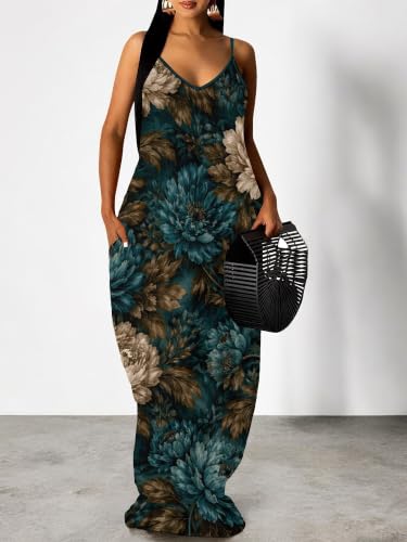 Image of Women's Summer Maxi Dress Spaghetti Strap Floral Boho Beach Long Sundress with Pockets