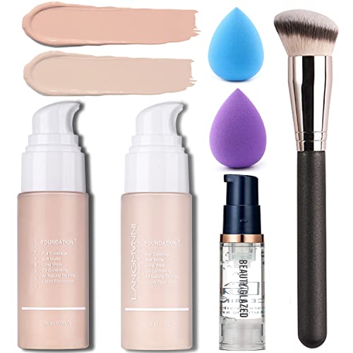 6Pcs Liquid Foundation Makeup Set Full Coverage Foundation Oil Control Breathable Invisible Cover Concealer Waterproof Foundation With Face Primer, Foundation Brush, Makeup Sponge Vegan & Cruelty Free (Nude #102 + Warm Peach #103) #TOP26