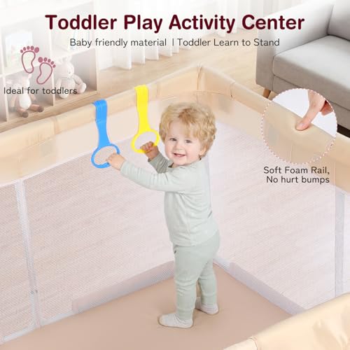 Image of Kidirect Baby Playpen with Play Mat 47x47 - Small Playpen for Babies & Toddlers, Activity Center, Indoor Outdoor, Beige