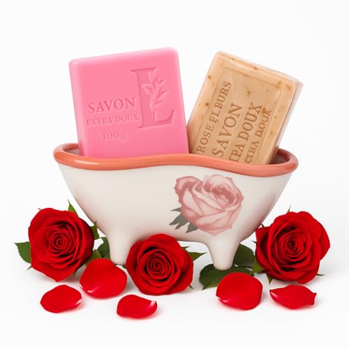 Jabón de Rosa y Pétalos de Rosa perfumados, Jabones artesanales, Dos Pastillas de 100GR c/u Natural 100%, Jabón de Marsella, Jabonera de cerámica para baño, Set de Baño decorativo.
