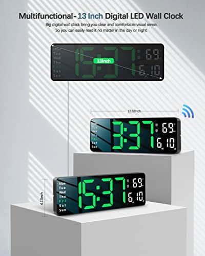 Image of JoFomp Plastic Digital Wall Clock - 13 inch Large LED Display,Loud Alarm,Remote Control,DST,Auto-Dimming,Date and Day,Timer,Temperature - 12 /24H Format - Ideal for Living Room,Green