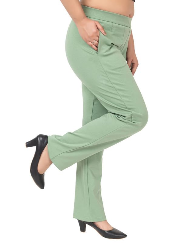 Image of Mlada Straight Fit Cigarette Pencil Pants Elastic Waist Band Mid High Waist Formal Office Trousers for Women, Pockets for Travel Stretch Cotton Knit Full Length Regular /Plus Size