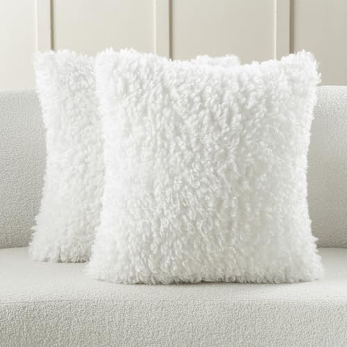 FUTEI Cream White Decorative Throw Pillow Covers 26x26 Inch Set of 2,Soft Fluffy Faux Wool Fur Boucle Textured Euro Pilllow Sham,Modern Home Decor for Couch Bed Living Room Office