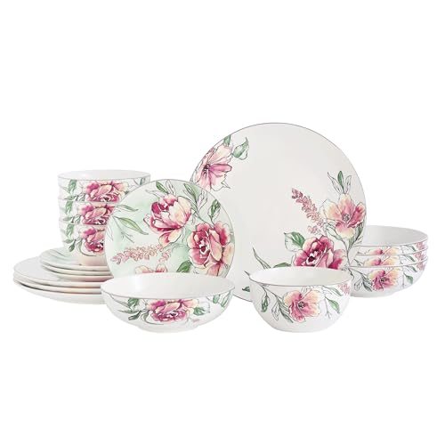 Image of Lorren Home Trends Bone China Dinnerware Set, Service for 4, 16 Piece, Microwave and Dishwasher Safe Dinner plates, Salad Plates, Bowls. Multiple styles including Floral and Lemon (Pink Peony)