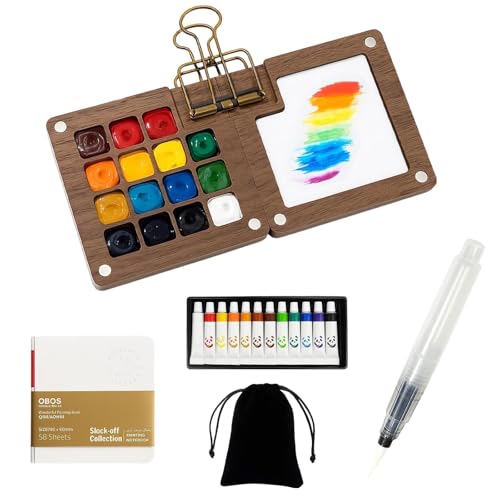 HcvGcm Mini Watercolour Set, Pocket Watercolour Set for Travel, 6-Piece Travel Set with Walnut Wood Painting Box, 12 Colours, Sketchbook and Accessories, Ideal for Artists, Students and Travel
