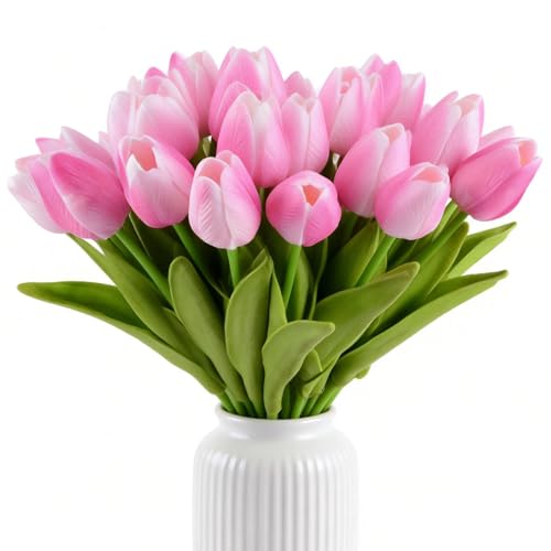 HoveBeaty Artificial Tulips Bridal Wedding Festival Decor Bouquet Real Touch PU Flower Bouquet Pack of 20 (Rose Red)