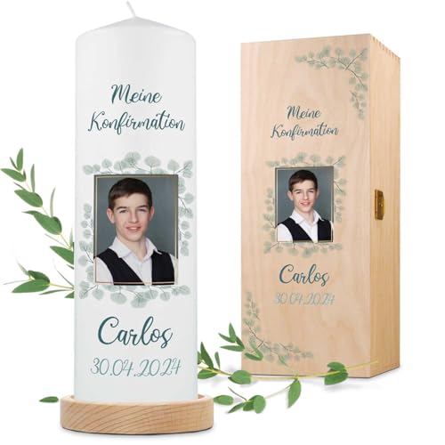 GRAVURZEILE Printed Candle Photo Candle for Confirmation and Communion Christian Candle with Photo Personalised with Name, Date and Desired Text HighQuality Pillar Candle 25080 mm Colour: