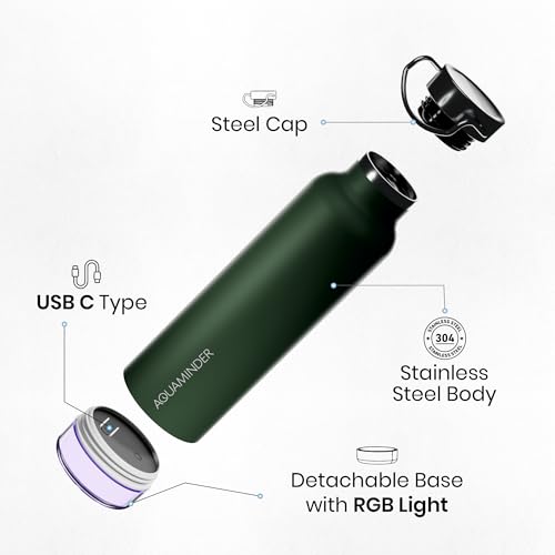 Image of Aquaminder Smart Water Bottle | RGB LED Glow & Timer Hydration Reminder with BT Mobile Phone Connection, Thames with App 600 ML (Olive Green)