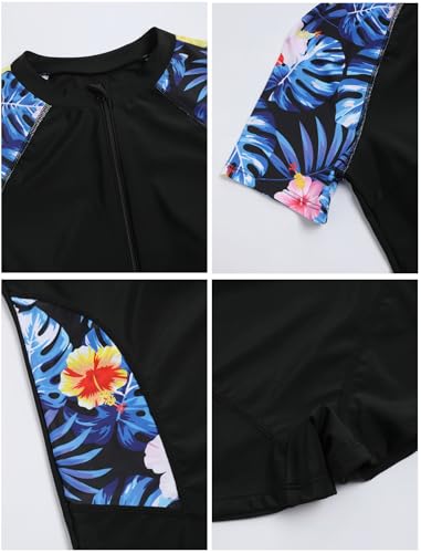 Image of ZAFUL Women's Short Sleeves Rash Guard Boyleg One Piece Swimsuit Zipper Surfing Bathing Suit UPF 50+