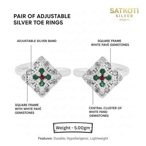 Image of SATKOTI 925 Silver Toe Rings for Women | Adjustable Pure Metal Bichiya with AAA Quality CZ Stone| BIS Hallmarked Jewelry with Authenticity Certificate | Pair of 2 Metti