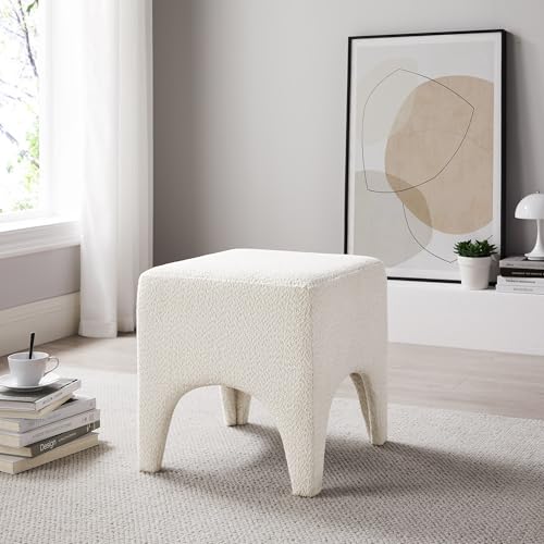 Arcrinte 17" Boucle Modern Square Foot Stool Ottoman, Vanity Stool for Makeup, Rectangle Foot Rest for Couch, Upholstered Ottoman Stool for Living Room, Bedroom, Entryway (1, White)