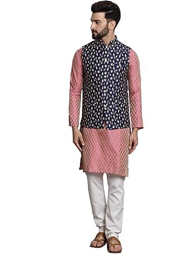 Image of SOJANYA (Since 1958 Men's Cotton Linen Maroon Kurta and White Pyjama with Mustard Cotton Nehru Jacket