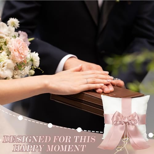 Ferrochef 2 Pcs Flower Girl Baskets and Ring Bearer Pillow Set Pink Satin Bowknot Flower Baskets White Ring Bearer Pillow Ivory Satin Wedding Fairy Decor for Wedding Party Ceremony