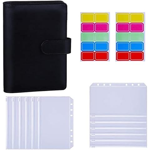 12 Pack of A6 Binder Pockets, A6 PU Leather Binder Sleeve, 6-Ring Budget Binder, with Cash Envelope, Budget Envelope System, Money-Saving Binder (Black) Cover