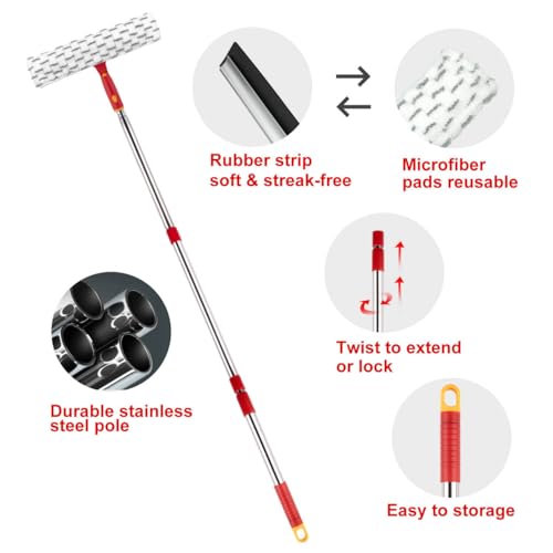 Image of Squeegee for Window Cleaning, 12 inch Squeegee and 11 inch Microfiber Scrubber Combi with Stainless Steel Pole, Extendable Window Cleaner for Car, Sliding Door, Shower Glass Door-Swivel Style-2 Pads