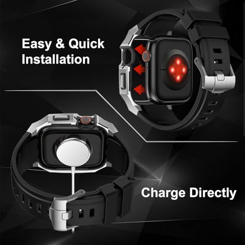 Image of Luxury Metal Case with Band Compatible for Apple Watch 44mm 45mm 46mm 49mm,Men Rugged Protective Bumper Cover with Soft Silicone Strap for iWatch Series 11 /10 /9 /8 /7 /6 /SE3 /SE2 /SE /5 /4 and Ultra 3 /2 /1 49mm