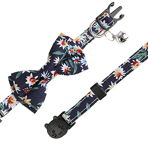 Image of Cat Collar Breakaway with Bells,Cute Cat Bow Tie,1 Pack Safety Kitten Plaid & Flower Collar for Girl Boy Male Cats(Dark Blue /Flower)