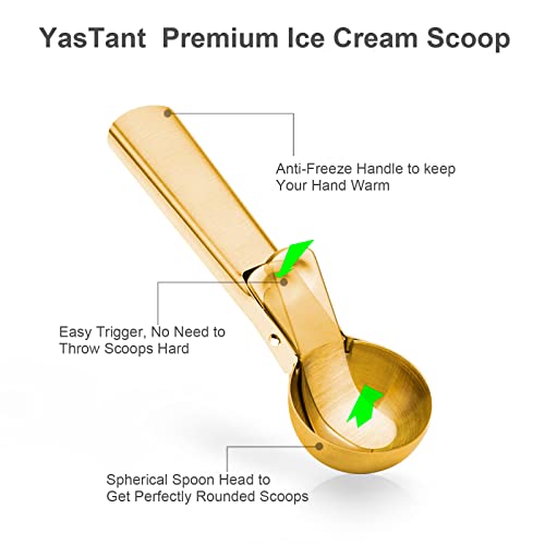 Premium Ice Cream Scoop with Trigger Ice Cream Scooper Stainless Steel, Heavy Duty Metal Icecream Scoop Spoon Dishwasher Safe, Perfect for Frozen Yogurt, Gelatos, Sundaes, Medium Gold