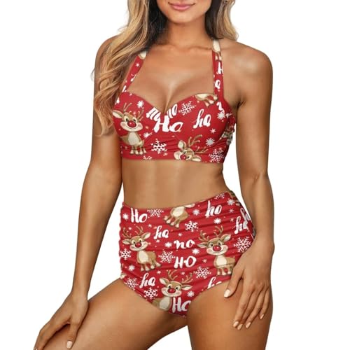 Women Two Piece Bikini Set Swimsuit Halter Ruched High Waist Bikini with Bottom3