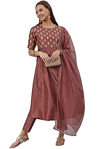 Image of Janasya Women's Brown Poly Silk Foil Print Kurta with Pant and Dupatta