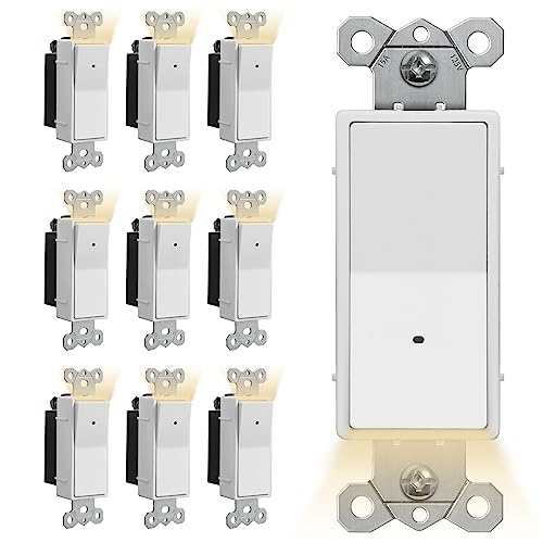 [10 Pack] Cml Illuminated Night Light Switch, Single Pole Decor Paddle Rocker Wall Switch, Dusk To Dawn Automatic On/Off Light Sensor, 15 Amp 120V Grounding Wire, White #TOP7
