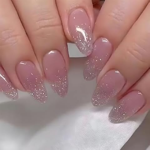 Mkwntg Glitter Press on Nails Press on Nails Medium Almond Fake Nails Glossy Pink Solid Color Full Cover Glue on Nails Bling Shiny False Nails Reusable Stick on Nails for Women Girls Manicure 24Pcs Cover