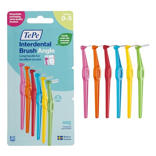 Cepillo interdental TePe Angulado, envase mixto, 0,4-0,8 mm/ISO 0-5, 6 ud., limpieza interdental, eliminación de placa dental con espacios de estrechos a pequeños