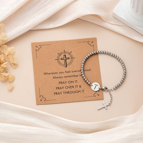 Image of Initial Cross Silvery Bracelets for Women Trendy, Initials Cross Charm Beaded Bracelet, Christian Gifts for Women, Baptism Confirmation Christmas Inspirational Gifts for Mom Daughter Friend Sister
