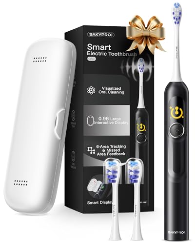 SAKYPRORAL AI Electric Toothbrush with Smart Display for Adults Kids | 150-Day Rechargeable Toothbrush, Real-Time Map |3-Min Timer, Travel Case | Teens Sonic Toothbrush Gift (G5S Black)