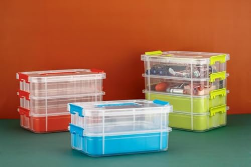 Image of plastic boxes for Storage transparent boxes for storage, Portable & Stackable Space Saving Organiser with Lid for Medicine, Jewelry, Arts & Crafts, Buttons, Beads (Green, 4 TIER WITH 1 TRAY)