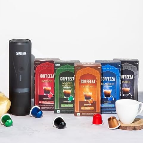 COFFEEZA Finero Mini Portable Espresso Machine & 50 Coffee Pods
