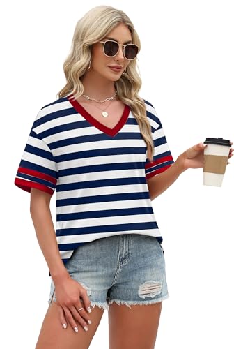 Image of WIHOLL Womens T Shirts Loose Fit Short Sleeve Tees V Neck Color Block Summer Tops 2026 Fashion S-4XL